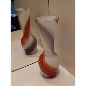 Vintage Blown Art Glass Bud Vase White Orange And Purple Swirl 8" Tall Beautiful